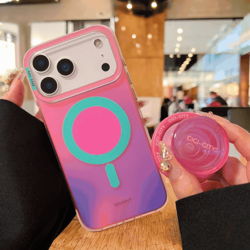 【Magnet内蔵】ネオン グラデーションカラー TPU 耐衝撃 おしゃれ ビビッドカラー グリップ付き スマホケース｜iPhone対応 #251230