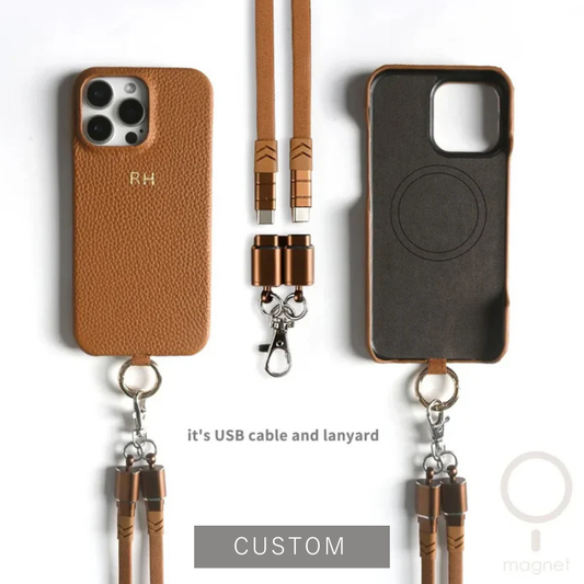 【本革シリーズ】名入れカスタム ロングストラップ付き レザー スマホケース｜ iPhoneケース #241011