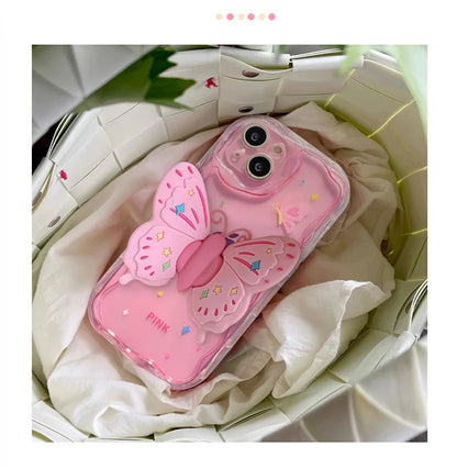 【3Dシリーズ】立体バタフライ＆キラキラデコレーション かわいいピンクスマホケース｜iPhone対応 #251021