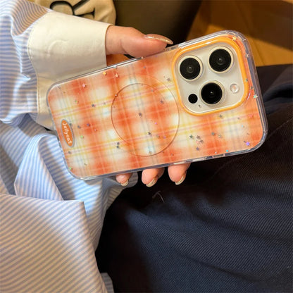 【Magnet内蔵】クリームケーキ オレンジ ギンガムチェック スマホケース｜ゆるかわポップソケット｜iPhone対応 #241203