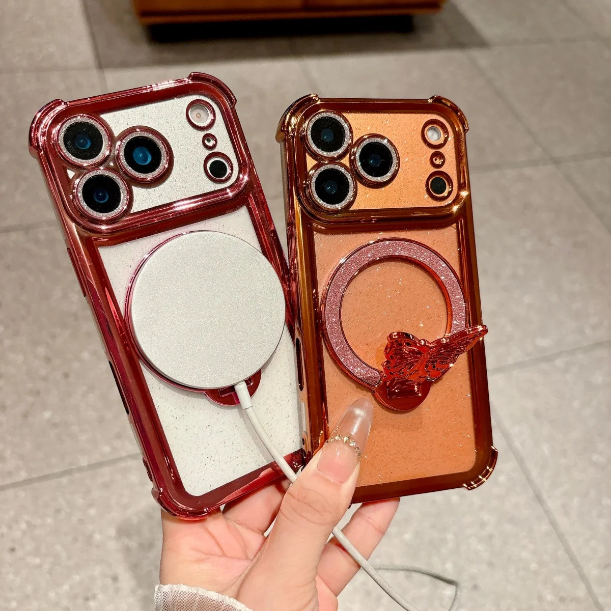 バタフライ キラキラ ラメリング付き Magnet内蔵 クリア iPhoneケース #260220