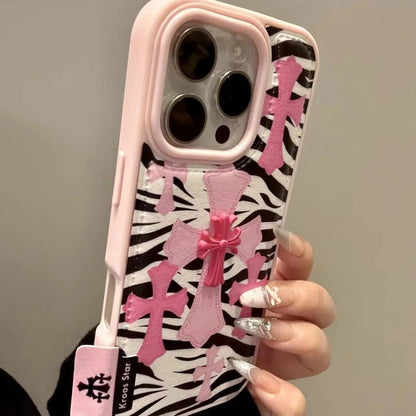 【ゼブラクロスリボン】アニマル柄 × 立体クロスパーツ スマホケース｜iPhone対応 #240727