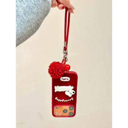 【アニマルシリーズ】もこもこドッグ スマホケース｜立体わんこ刺繍×ポンポンチャーム付き｜iPhone対応 #241209