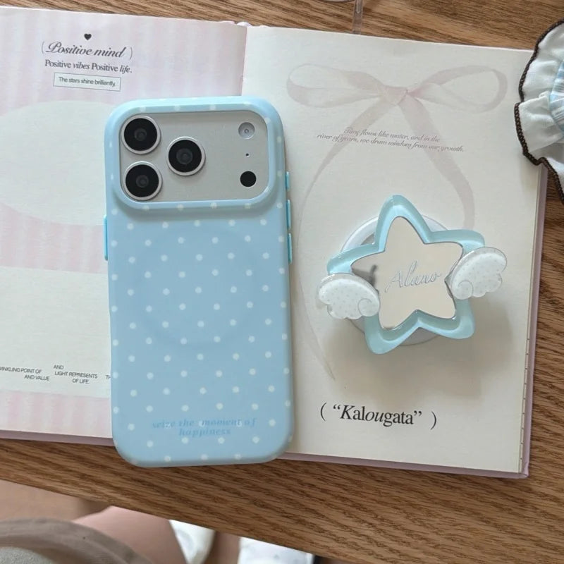 羽根つきスター ミラーグリップ 水玉×ブルー Magnet内蔵 iPhoneケース｜淡色ゆめかわ・韓国っぽ #260017