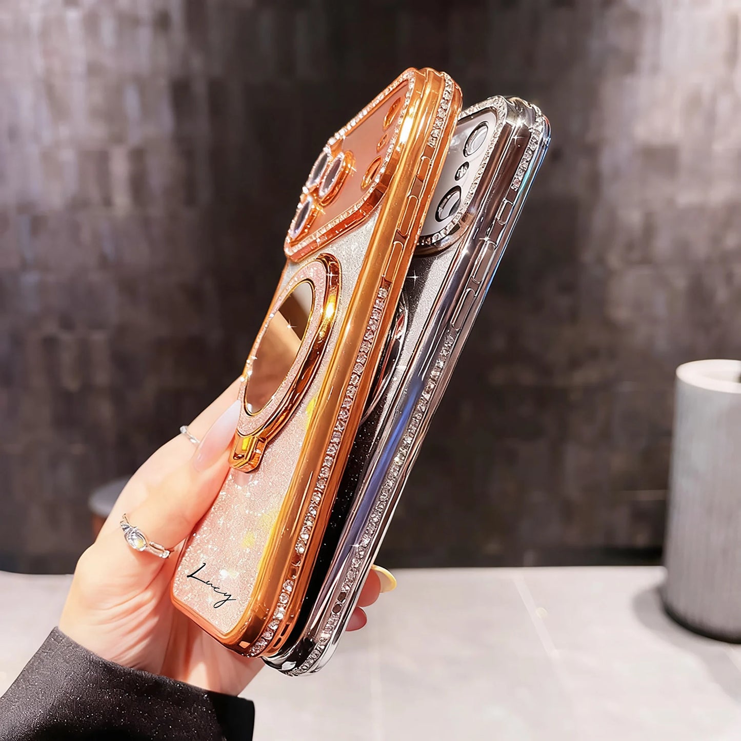 【カスタムシリーズ】名入れ リングスタンド ミラー付き iPhoneケース｜ラメグラデ #260216