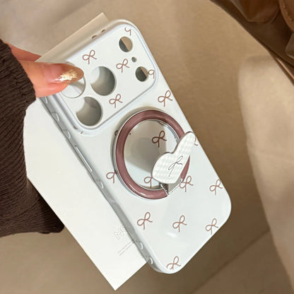 【マグネット式折りたたみハートスタンド付き】プチリボン柄 チェック ハートリング スマホケース｜iPhone対応 #240702