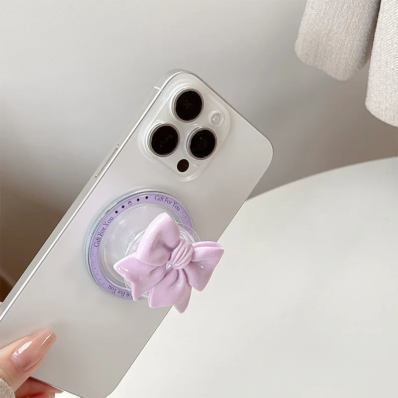 【スマホグリップ】立体リボン つやつや マカロンカラー マグネット対応 スマホスタンド #241111