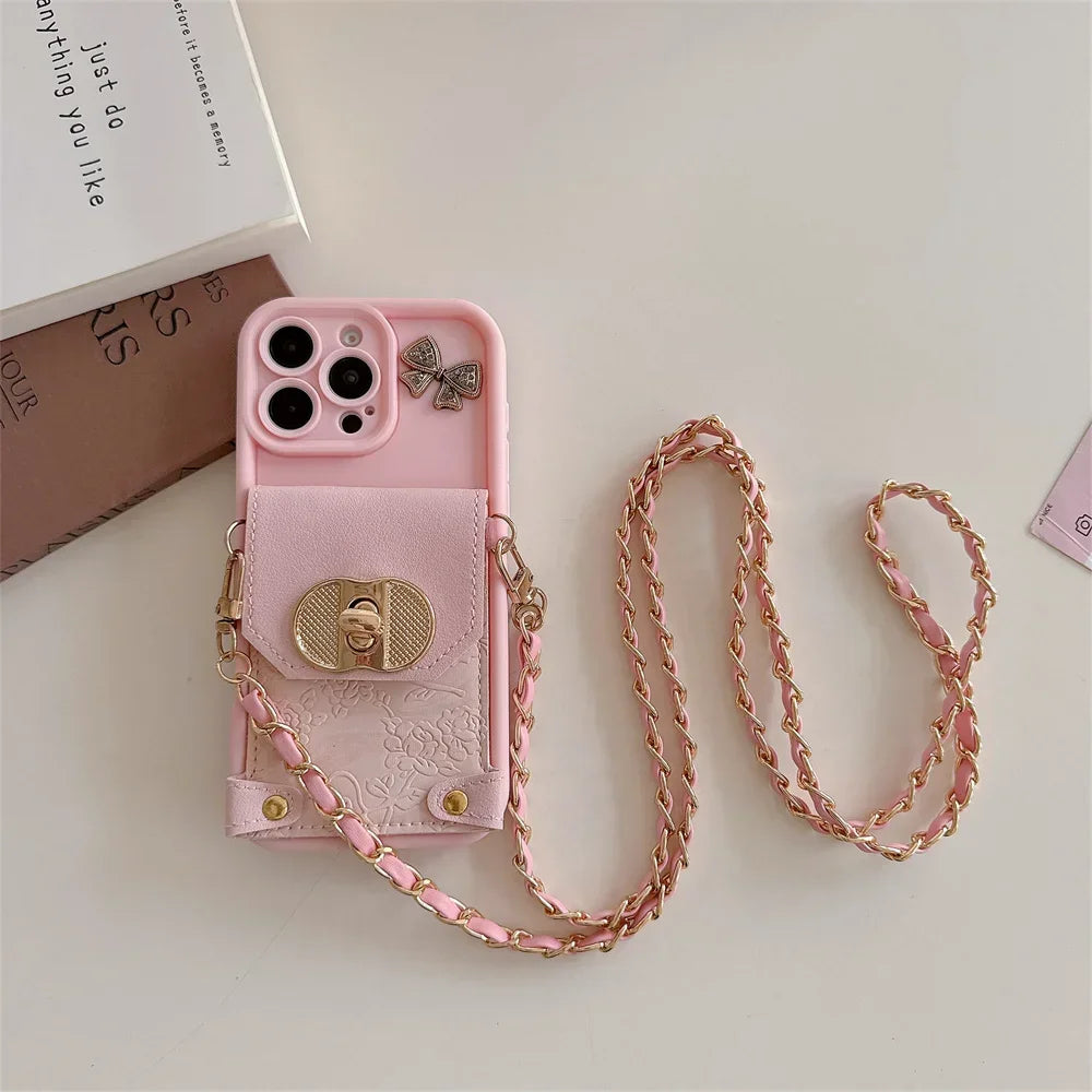 【チェーンポーチシリーズ】リボンチャーム付き ストラップ付属 スマホケース｜iPhone対応 #251213