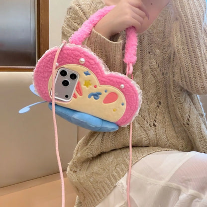 【ブックスタイル】もこもこ ちょうちょモチーフ 手帳型 ぬいぐるみ風 iPhoneケース #240610