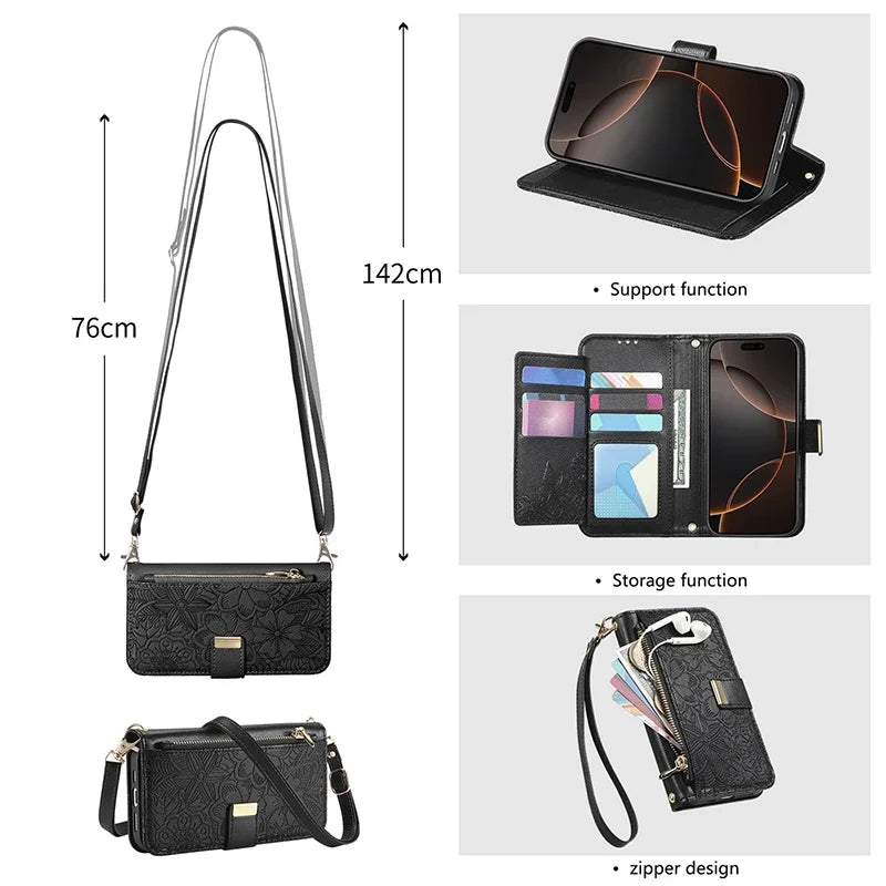 【ブックスタイル】フラワー型押し レザー調  手帳型 iPhoneケース｜財布一体型・ショルダー対応 #240123