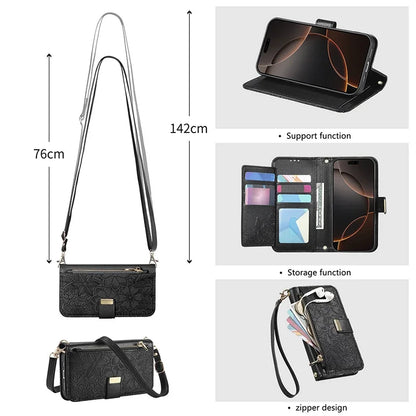 【ブックスタイル】フラワー型押し レザー調  手帳型 iPhoneケース｜財布一体型・ショルダー対応 #240123