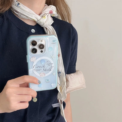 【貝殻モチーフ×夏の海デザイン】シェル＆スターフィッシュ付きクリアケース｜iPhone対応 #250514