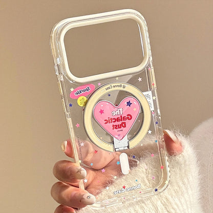 【マグネット式折りたたみハートスタンド付き】クリア カラフルスター ピンクハート スタンド スマホケース｜iPhone対応 #240630