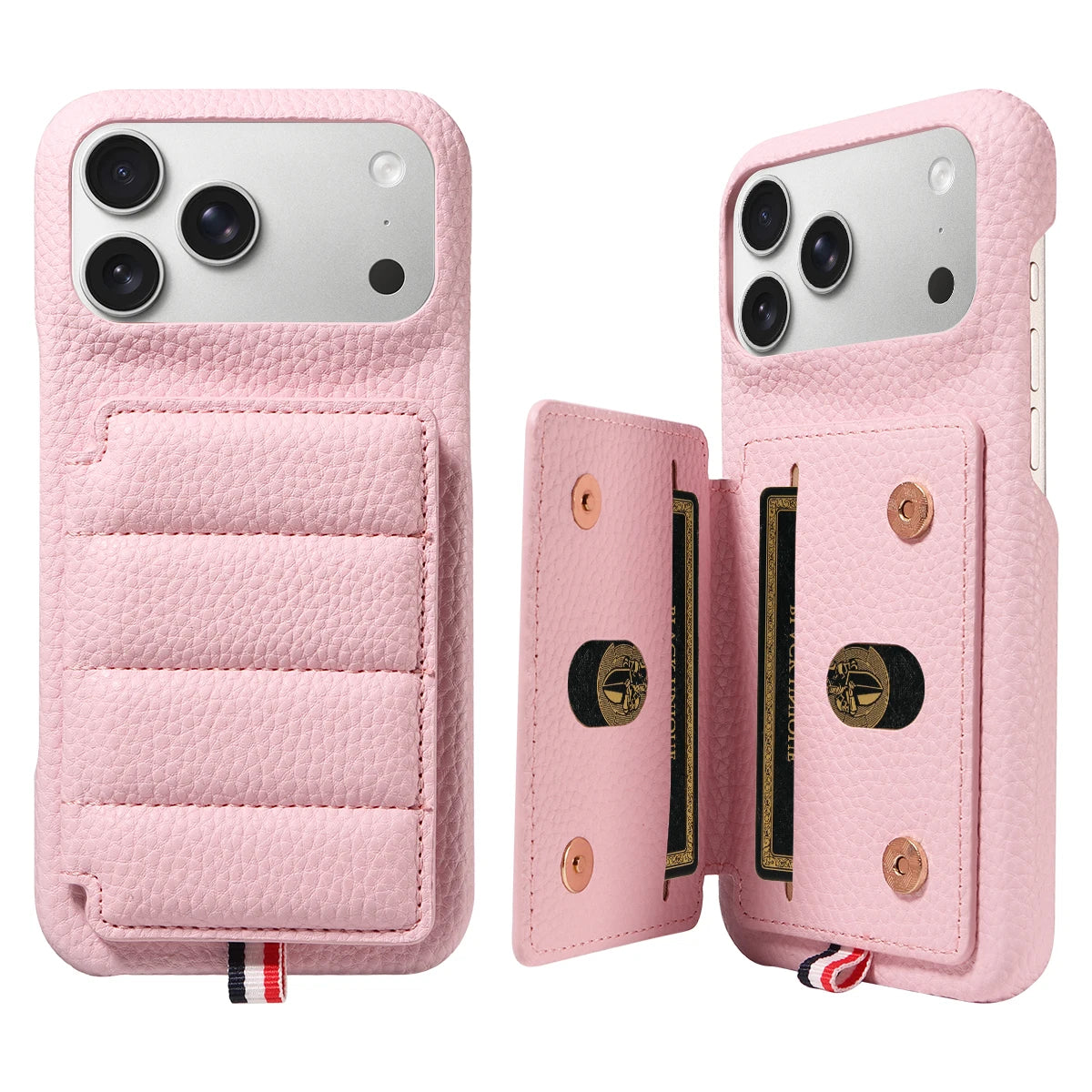 カード収納付き iPhoneケース｜キルティング レザー風デザイン・ロングストラップ付き #240528