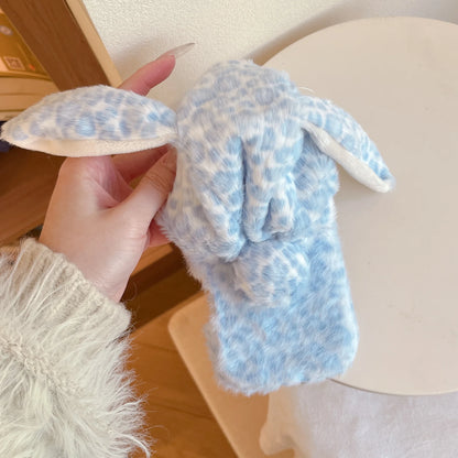 もこもこ 耳付き ラビット アニマルフード レオパード ヒョウ柄 iPhoneケース｜ファー素材 #240424