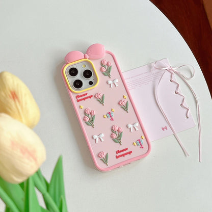 【フラワーリボンシリーズ】立体チューリップ＆蝶々モチーフ スマホケース｜iPhone対応 #250820