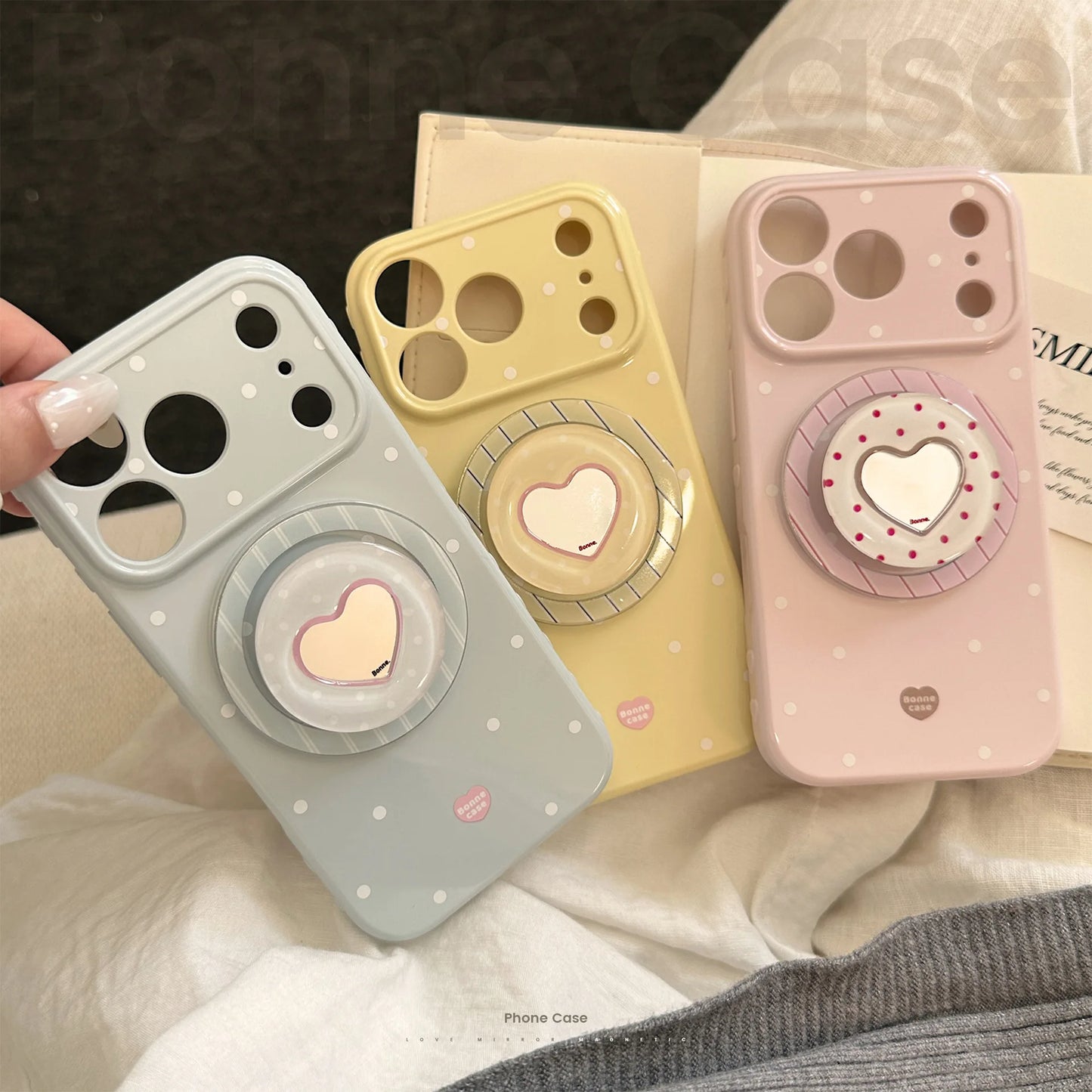 ハートミラーグリップ 水玉 ドットデザイン iPhoneケース｜マグネット内蔵 #240101