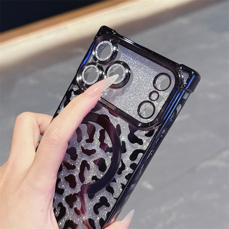 【スクエアシリーズ】レオパード ヒョウ柄 グリッター スマホケース｜iPhone対応 #251216