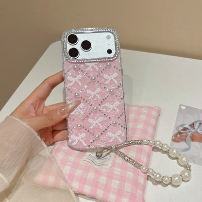 レース リボン キルティング風 ラインストーン パール ストラップ付 iPhoneケース | ガーリー・フレンチ風 #261004