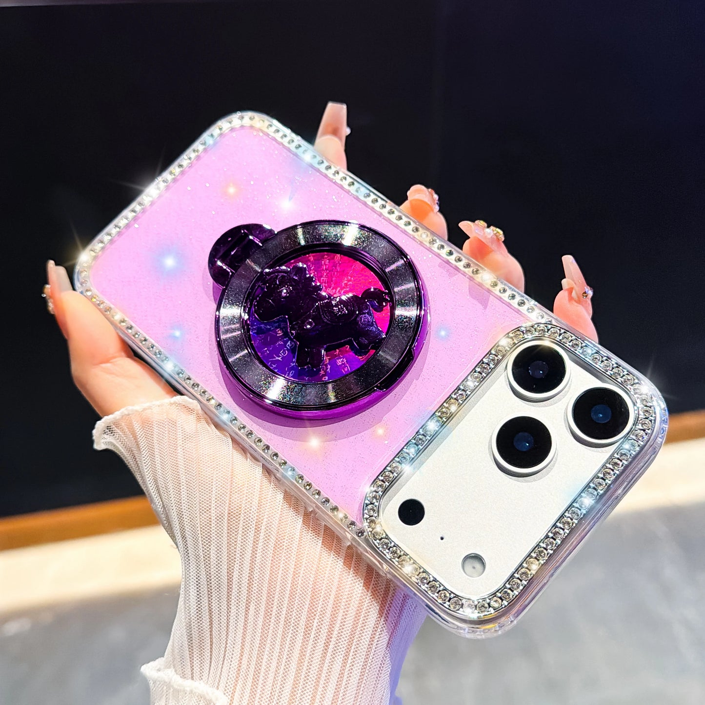 くるくる回る ユニコーン 馬 リングスタンド付き ホログラムラメ iPhoneケース #240511