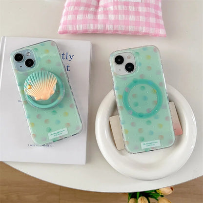 【マーメイドシェル】ドット＆貝殻スタンド付きクリアスマホケース｜iPhone対応 #250629