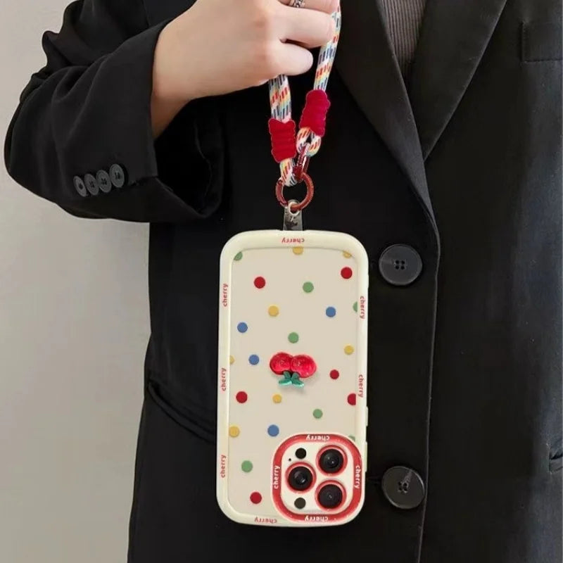 【フルーツシリーズ】ポップでかわいいドット柄＆立体チェリー スマホケース｜iPhone対応 #250921