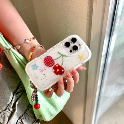 【フルーツシリーズ】赤チェック＆星柄チェリー ポップデザイン クリアスマホケース｜iPhone対応 #251008