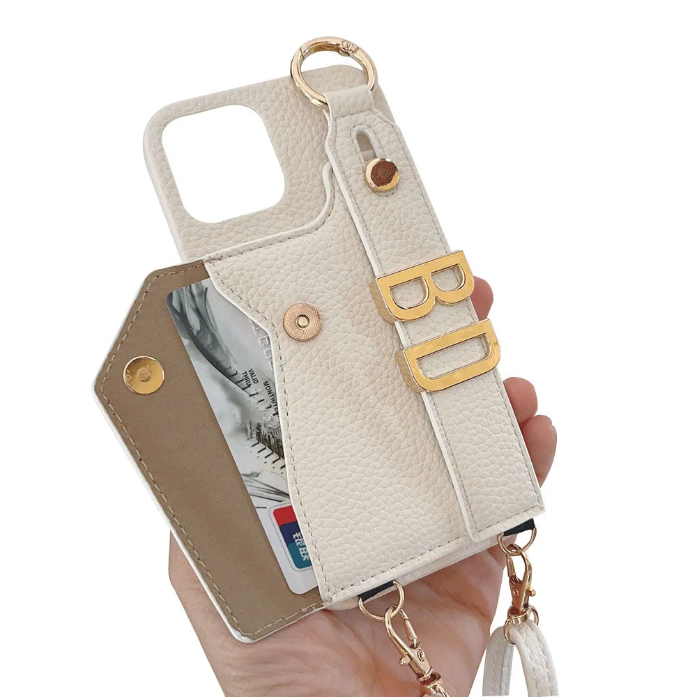 【カスタムシリーズ】ゴールドネームプレート ショルダーストラップ付き レザー調 iPhoneケース  ｜iPhone対応 #240712