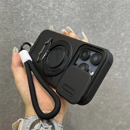【耐衝撃シリーズ】カメラレンズカバー付き 折りたたみリングスタンド ストラップ付き スマホケース｜iPhone対応 #251226