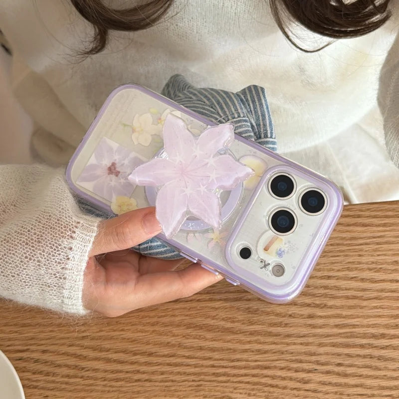 フラワーモチーフ パープル ゆり Magnet内蔵 立体グリップ付き iPhoneケース #231125