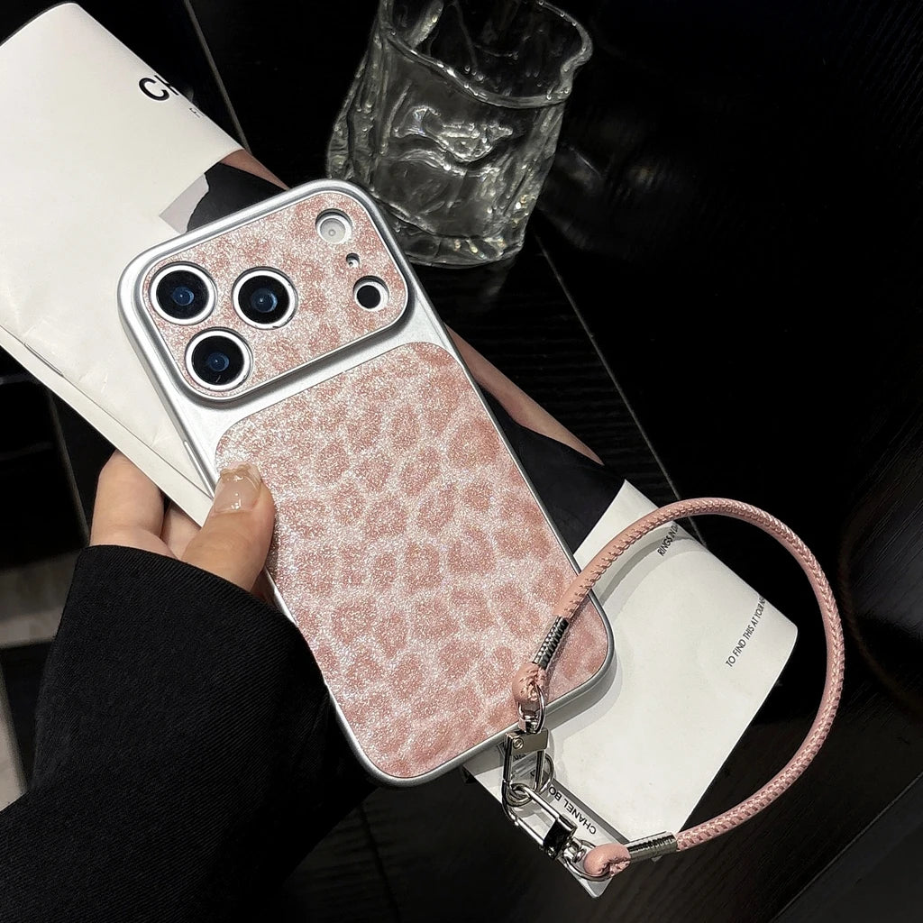 【アニマルムード】ピンク ブラウン レオパード ヒョウ柄 ストラップ付き スマホケース｜iPhone対応 #240710