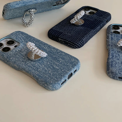 【デニムパール】ヴィンテージ デニム調 パール ビーズリング スタンド スマホケース｜iPhone対応 #250420