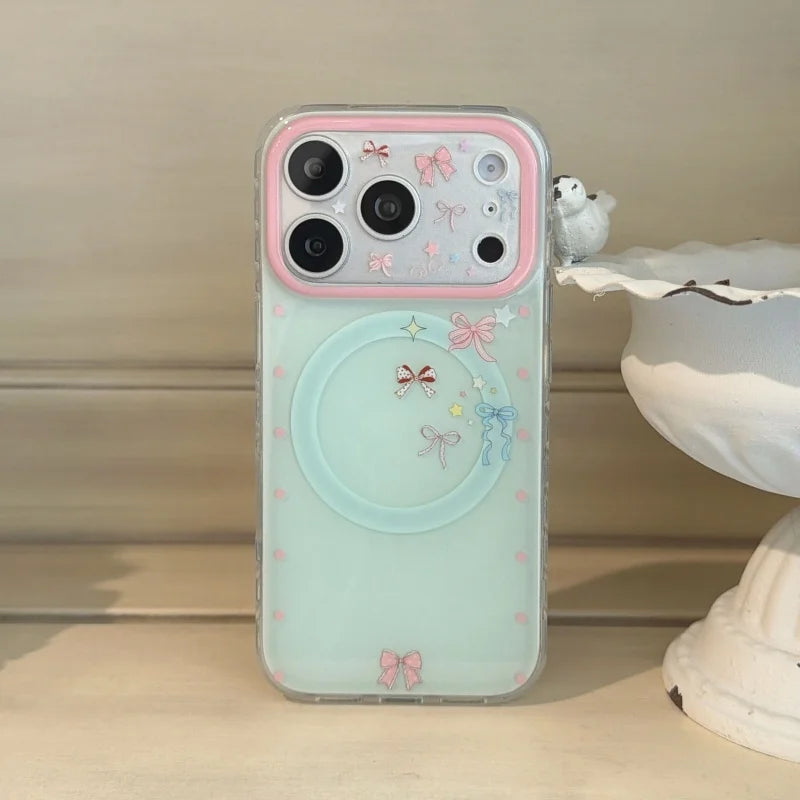 ミントグリーン リボン柄 ハートグリップ付き Magnet内蔵 iPhoneケース
