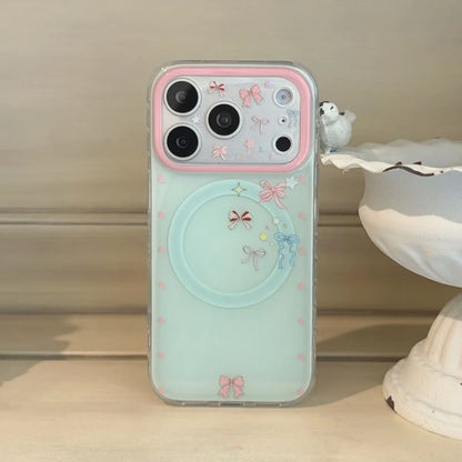 ミントグリーン リボン柄 ハートグリップ付き Magnet内蔵 iPhoneケース｜淡色 #260011