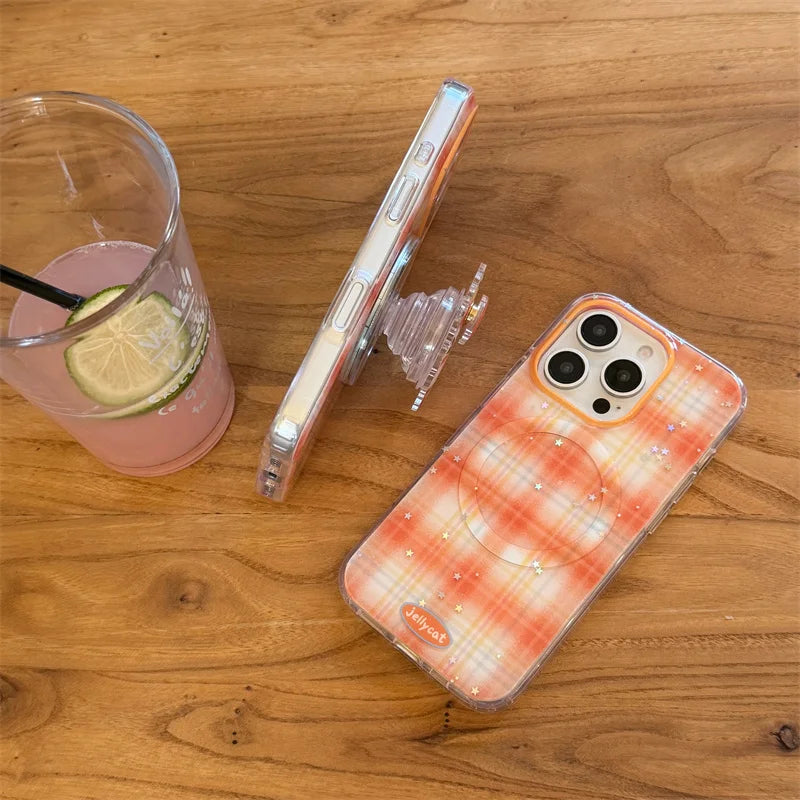 【Magnet内蔵】クリームケーキ オレンジ ギンガムチェック スマホケース｜ゆるかわポップソケット｜iPhone対応 #241203