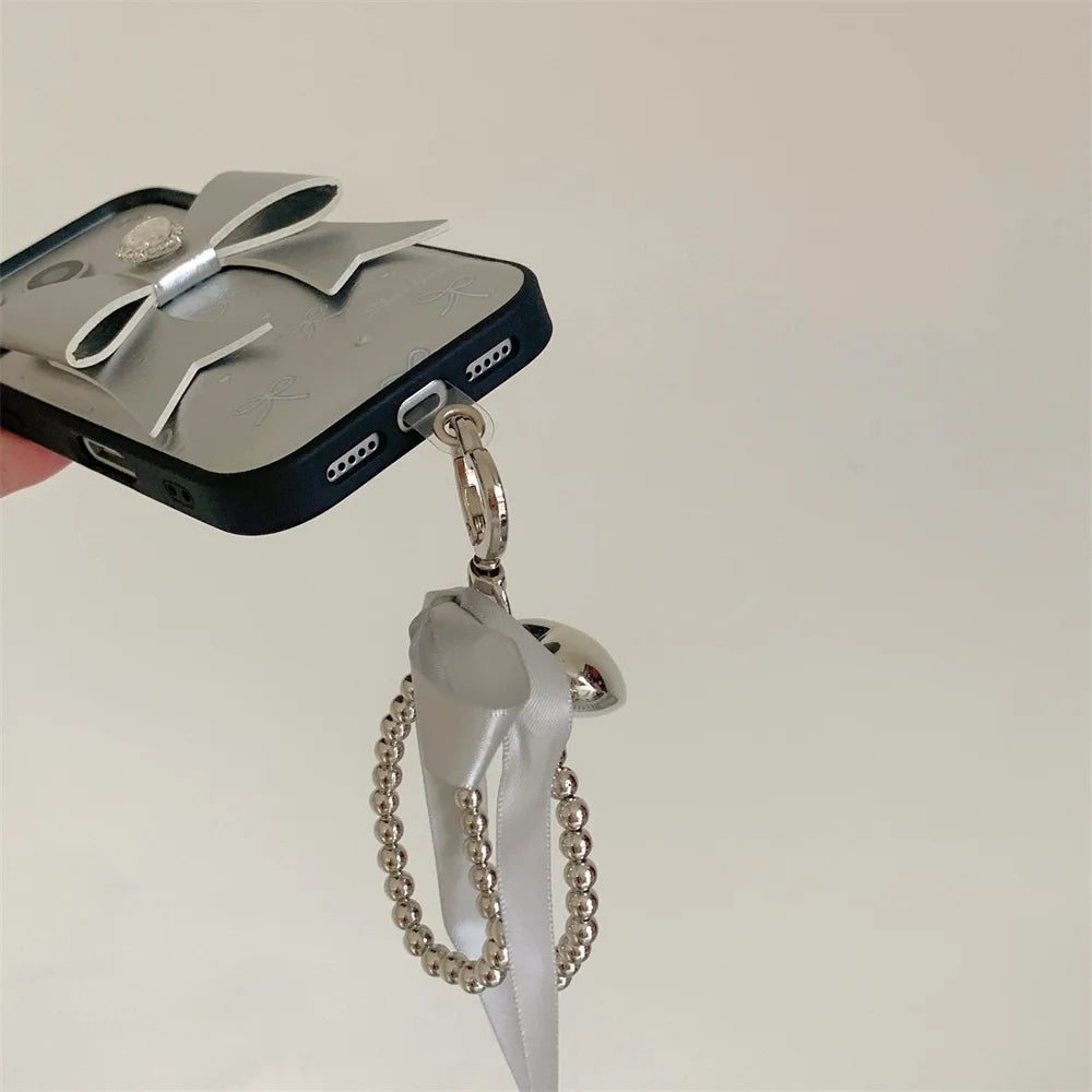 【シルバー立体リボン】ボールストラップ付き フェミニン スマホケース｜iPhone対応 #260206