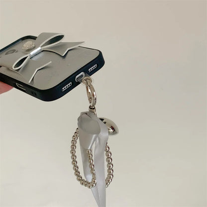 【シルバー立体リボン】ボールストラップ付き フェミニン スマホケース｜iPhone対応 #260206