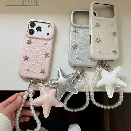 スター モチーフ レザー調 iPhoneケース｜パールストラップ付き #260222