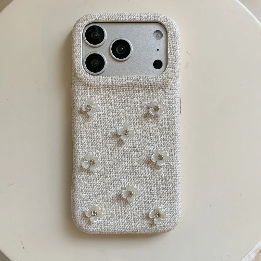 フラワー チェリーモチーフ iPhoneケース｜ビジュー装飾・布調デザイン #240530