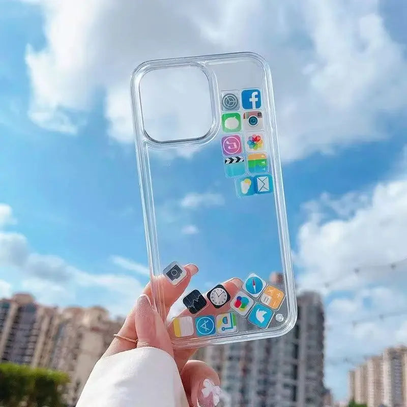【流れるシリーズ】アプリアイコン クリア 透明キラキラ ラメ ソフト スマホケース カバー｜iPhone対応 #250402