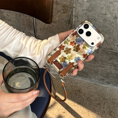 【フラワーパールスタンド】マーブル調×花柄 レザーチャーム付き スマホケース｜iPhone対応 #250312