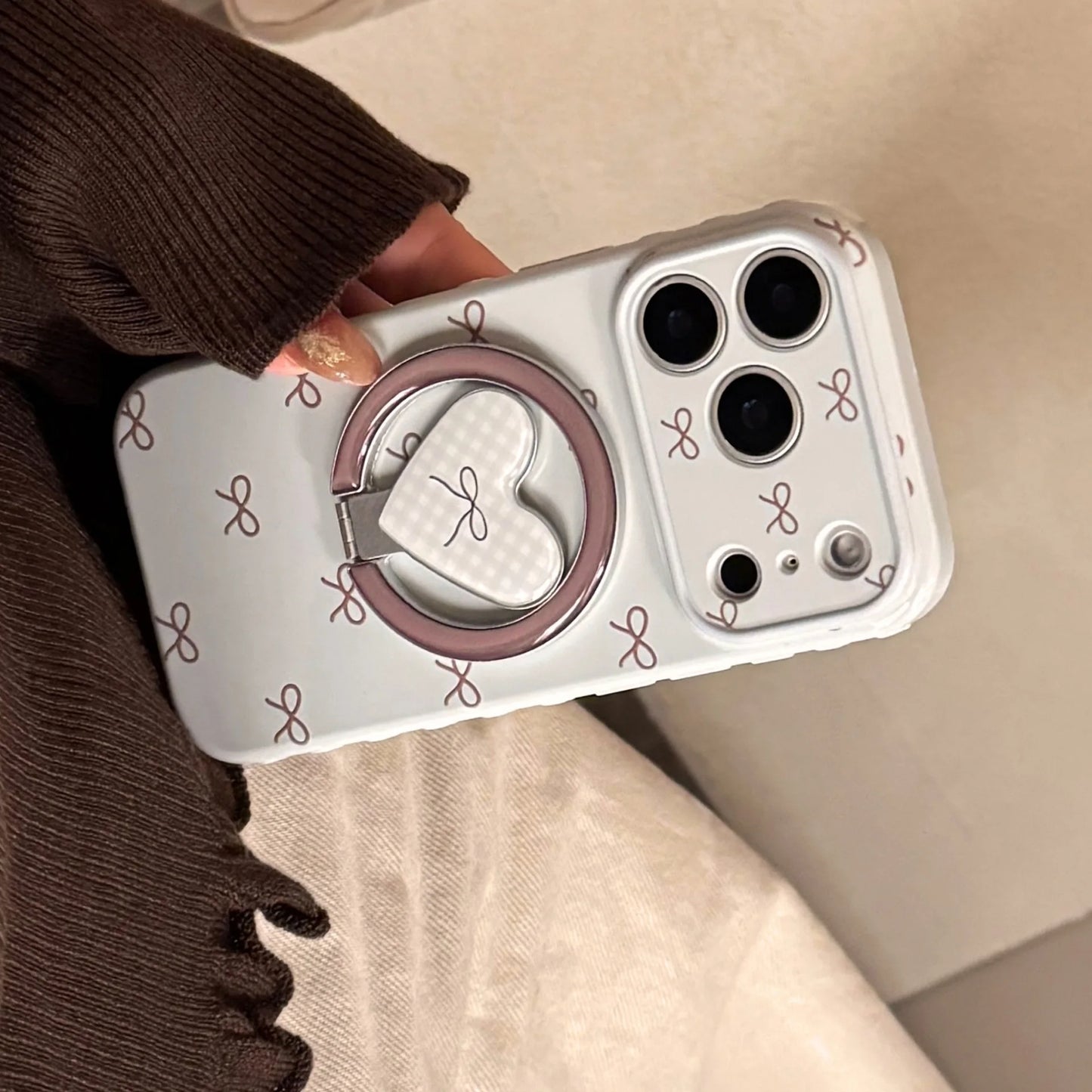 【マグネット式折りたたみハートスタンド付き】プチリボン柄 チェック ハートリング スマホケース｜iPhone対応 #240702