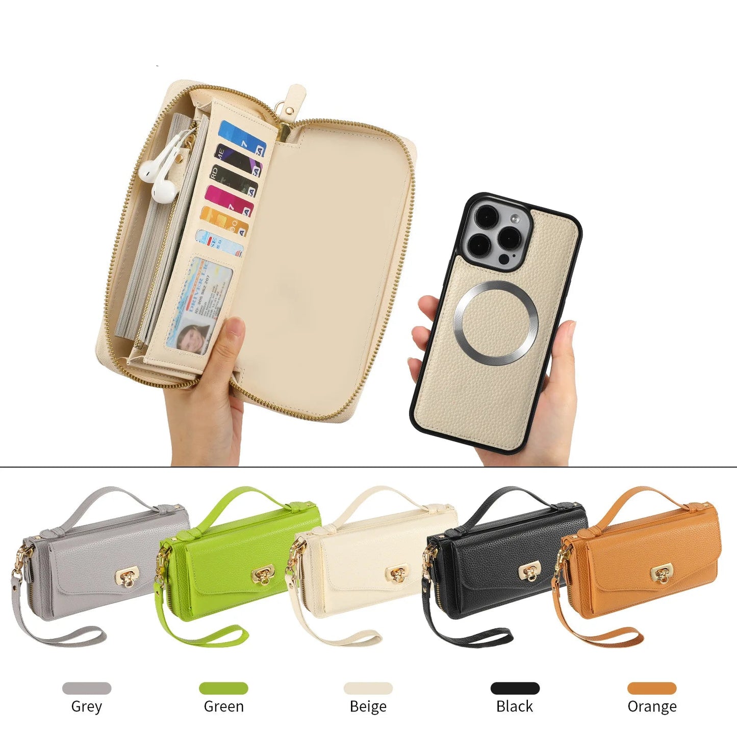 【ウォレットスタイル】財布一体型 分離式レザー調 ブックスタイル 手帳型 iPhoneケース｜ラウンドファスナー・ショルダー対応 #240204
