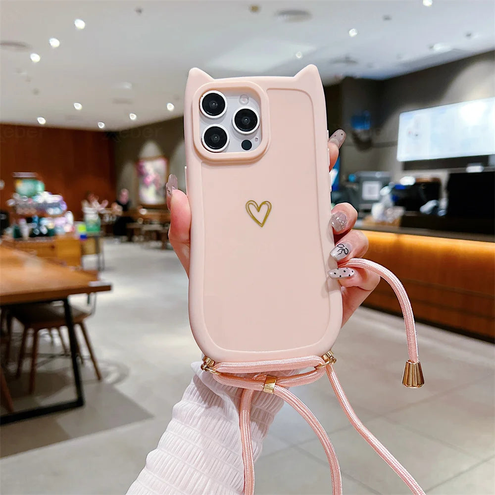 【猫耳シリーズ】ハートワンポイント ショルダー iPhoneケース｜ソフトTPU #240213