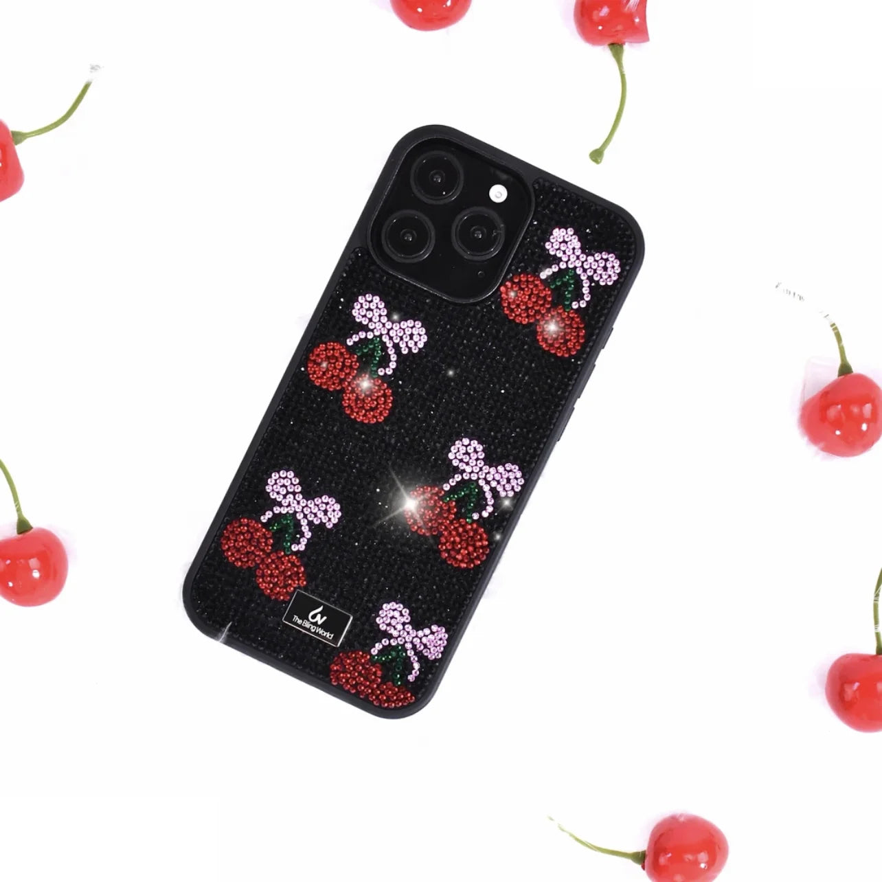 【キラキラビジューシリーズ】チェリー さくらんぼモチーフ フルラインストーン グリッター デコ スマホケース｜iPhone対応 #260120