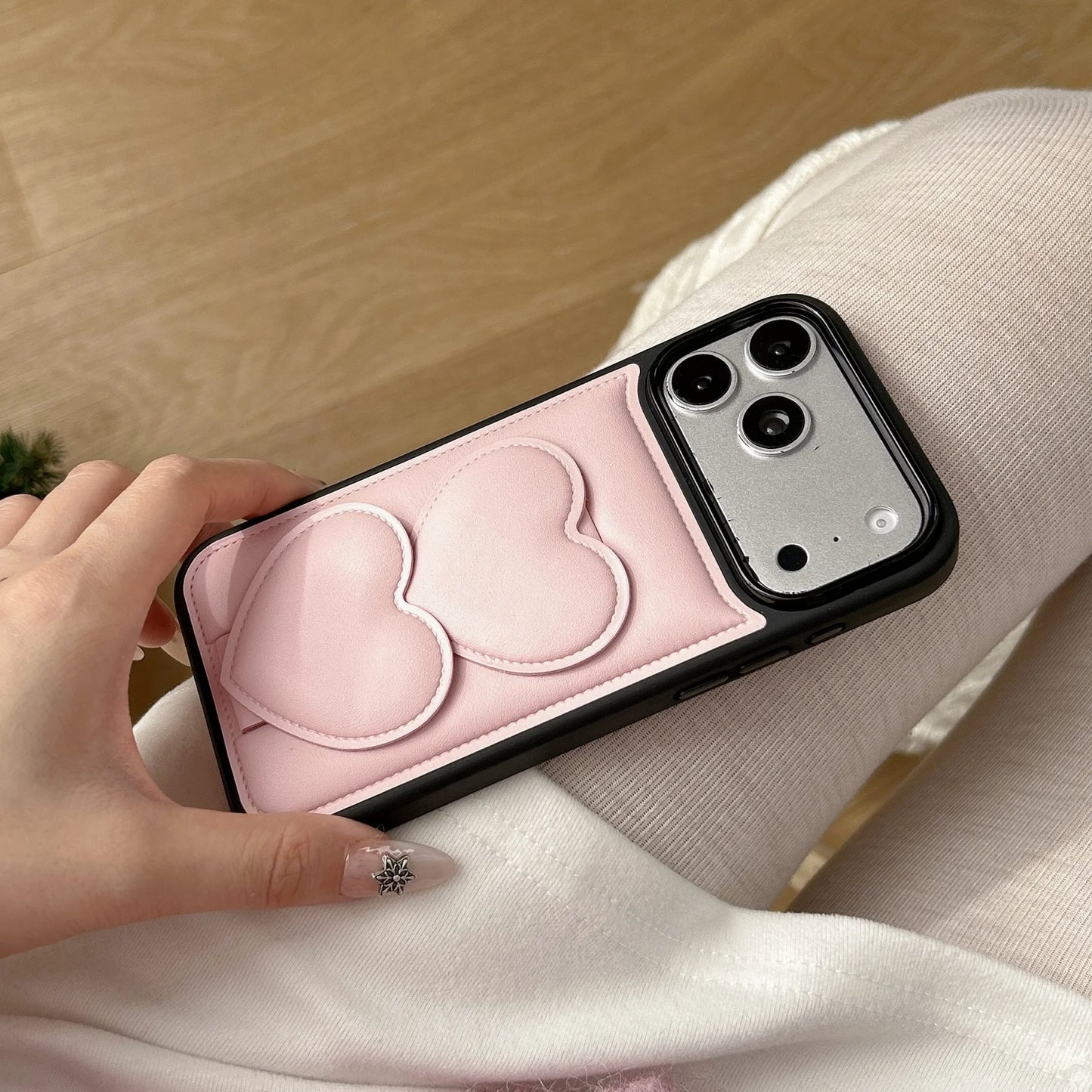 ダブルハート レザー調 スタンド iPhoneケース #260214