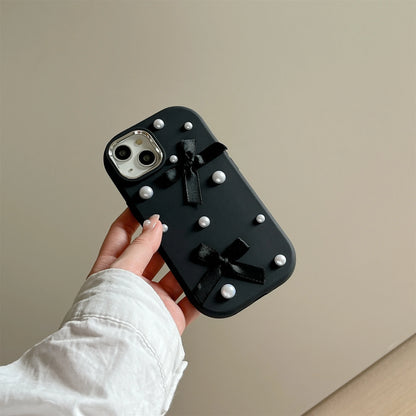 【パールリボン】立体リボン＆パール ストラップ付き デコスマホケース｜iPhone対応 #250727