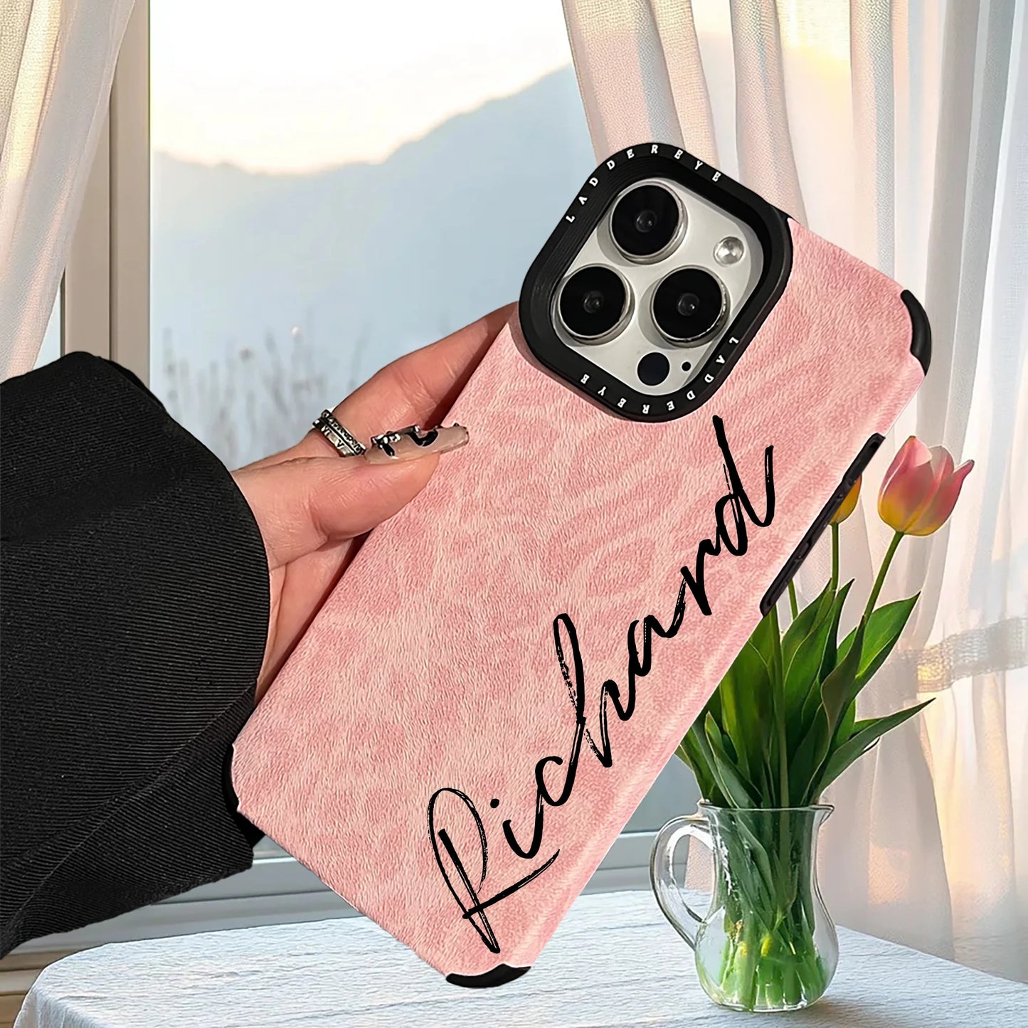 【カスタムシリーズ】ピンクレオパード ヒョウ柄 縦書き名入れ ソフトスマホケース｜iPhone対応 #240722