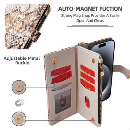 【ブックスタイル】パイソン調 レザー型押し 手帳型 iPhoneケース｜財布一体型・チェーンストラップ付き #240129