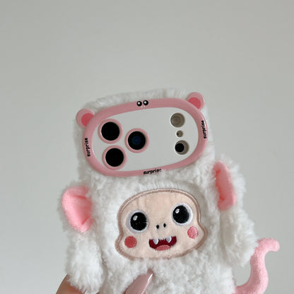 【アニマルフェイスシリーズ】ピンク＆ホワイト モンキー スマホケース｜ふわもこ立体デザイン × 尻尾付き｜iPhone対応 #241129